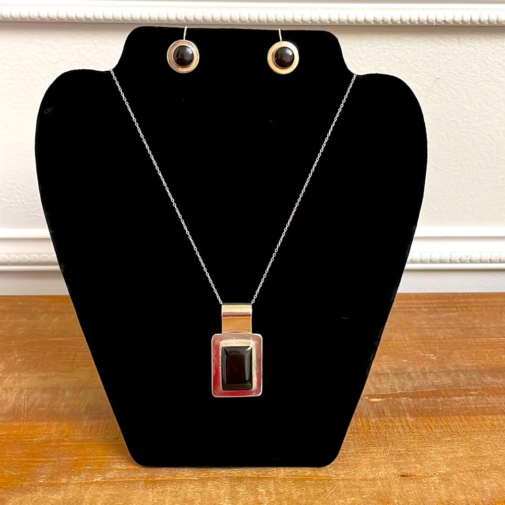Vintage Sterling Silver and Black Onyx Pendant and Earring Set